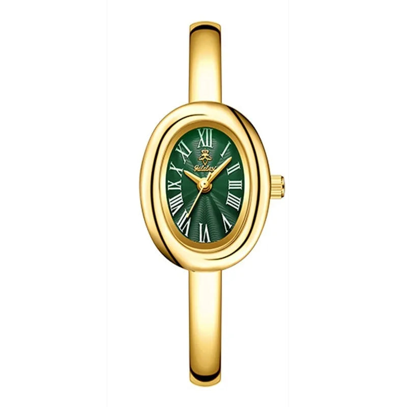 Women's oval retro quartz watch in gold colour with slim 8mm case thickness