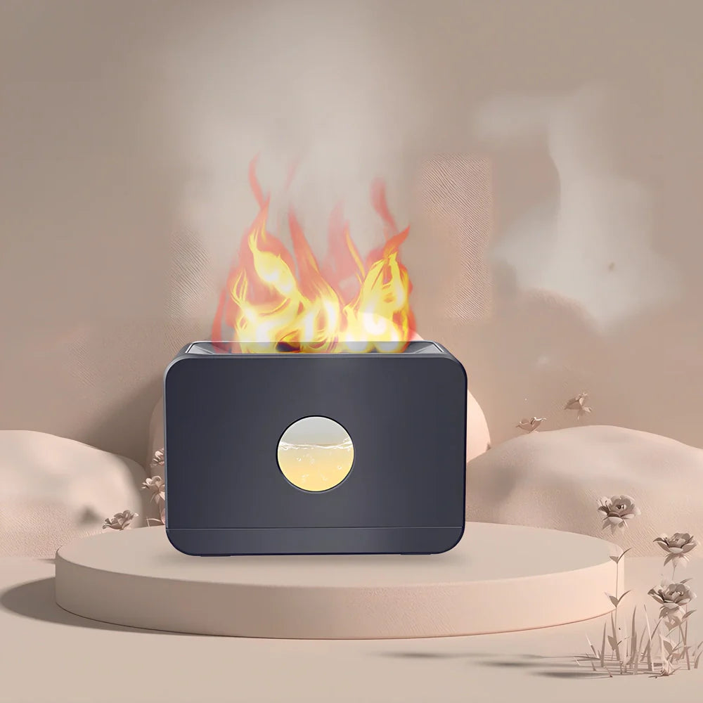 Square two-colour flame aromatherapy humidifier showing mist output and LED lighting effects