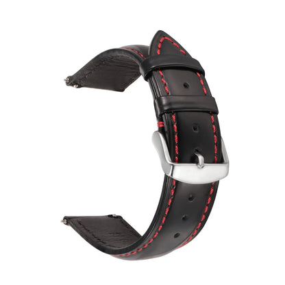 Quick release leather watch strap in bright cowhide, showing colour options and width sizes from 18mm to 22mm