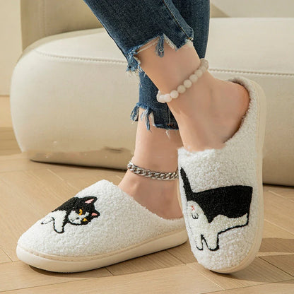 Cozy cartoon-printed slippers in white with soft, comfortable cotton and non-slip soles for indoor and outdoor wear