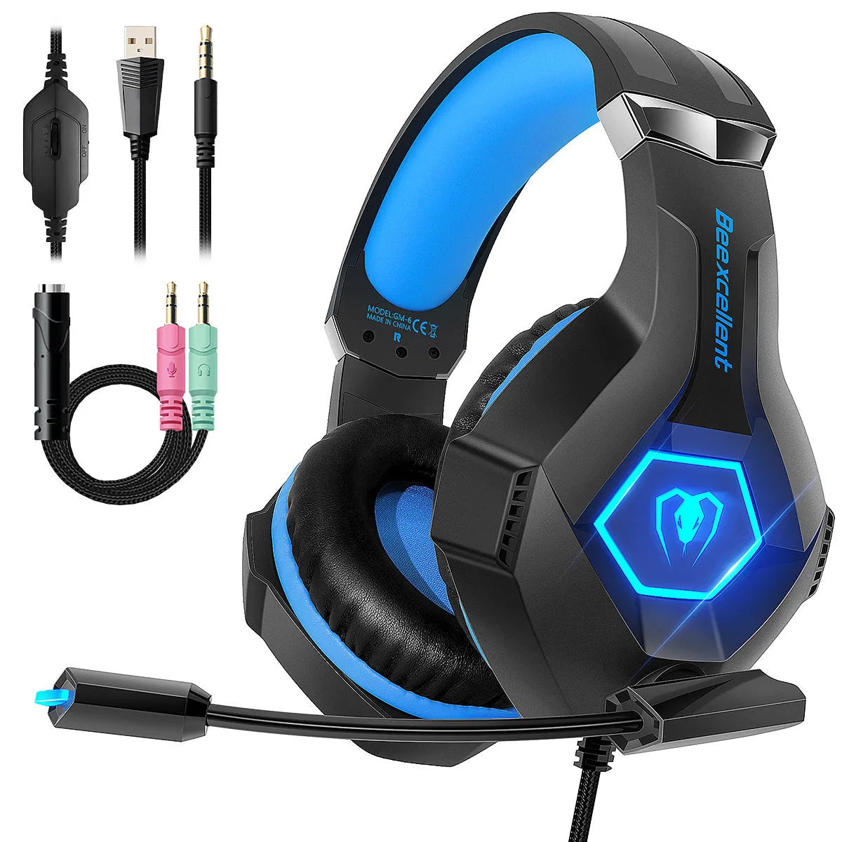 Luminous Gaming Headset with LED lights, microphone, and over-ear design in black with blue accents.