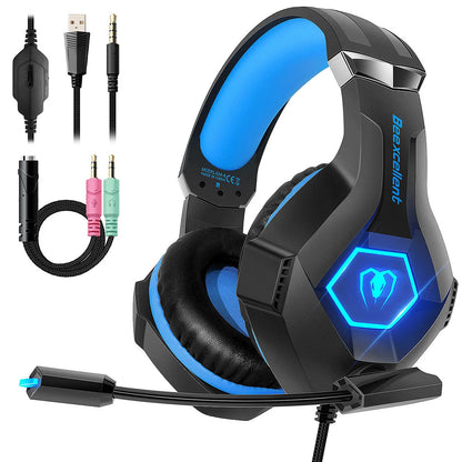 Luminous Gaming Headset with LED lights, microphone, and over-ear design in black with blue accents.