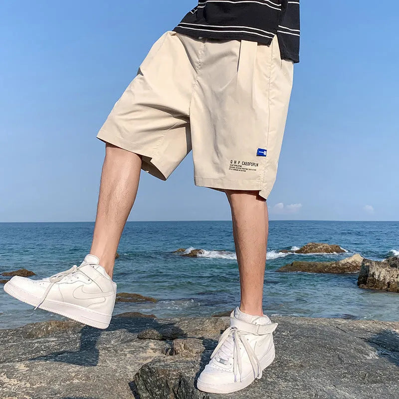 Men's ice silk shorts, thin quick-drying casual pants, mid-waist straight tube, five-quarter length, solid colour