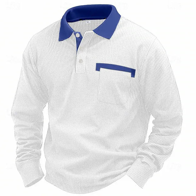Men's long-sleeved waffle texture polo shirt with asymmetric design in loose fit