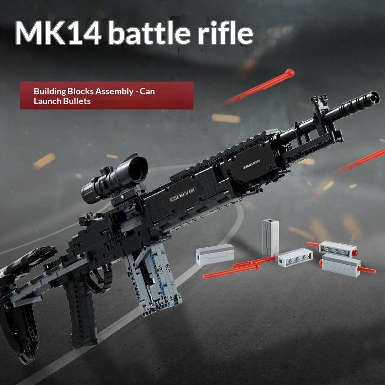 Building blocks sniper rifle assembly toy with bullet launch mechanism in gift box packaging