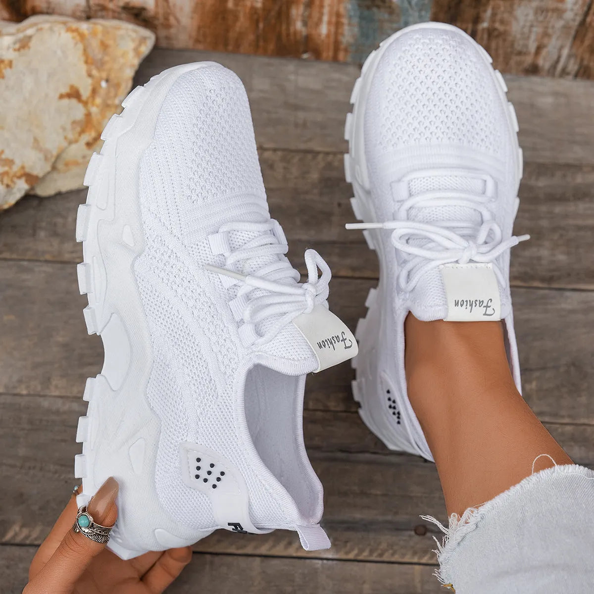 Women's Flyknit mesh casual sports shoes in multiple colours showing flat heel and lace-up design