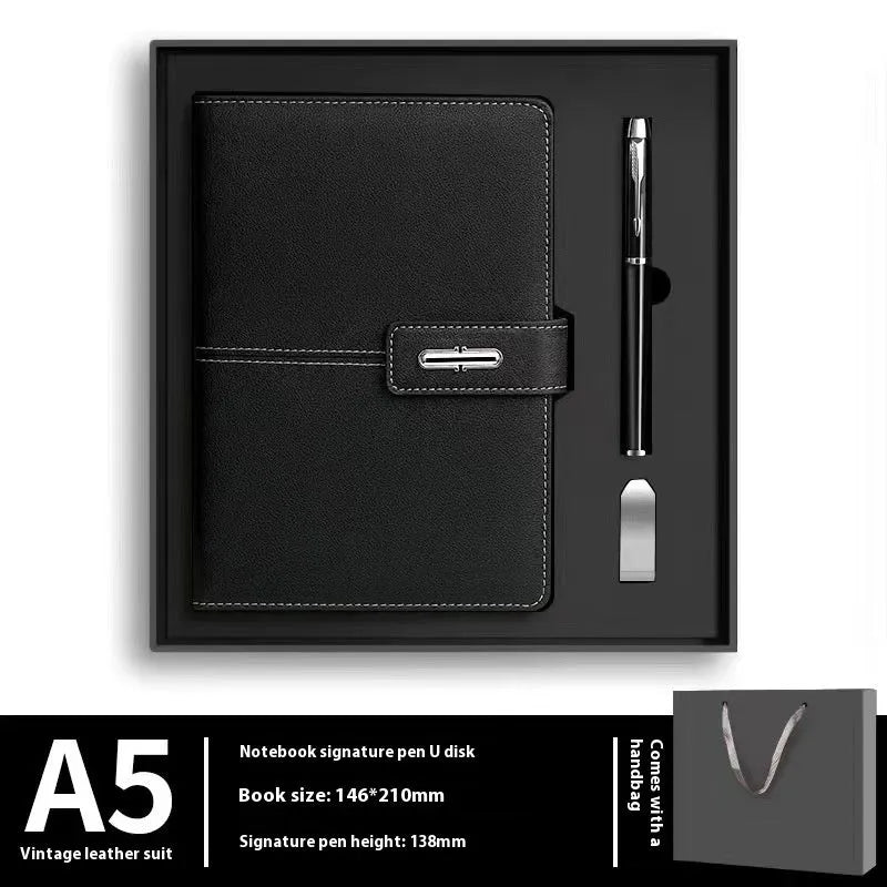 A5 notebook with imitation leather cover in a choice of colours including black, red, green, blue, and orange.