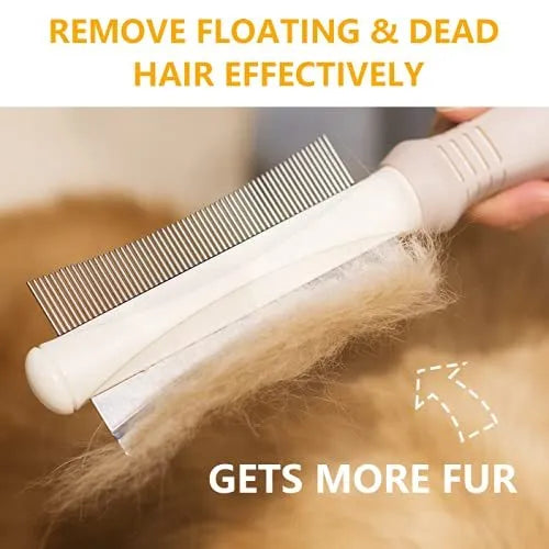 White 2-in-1 dog and cat deshedding brush with curved comb and anti-slip handle for grooming
