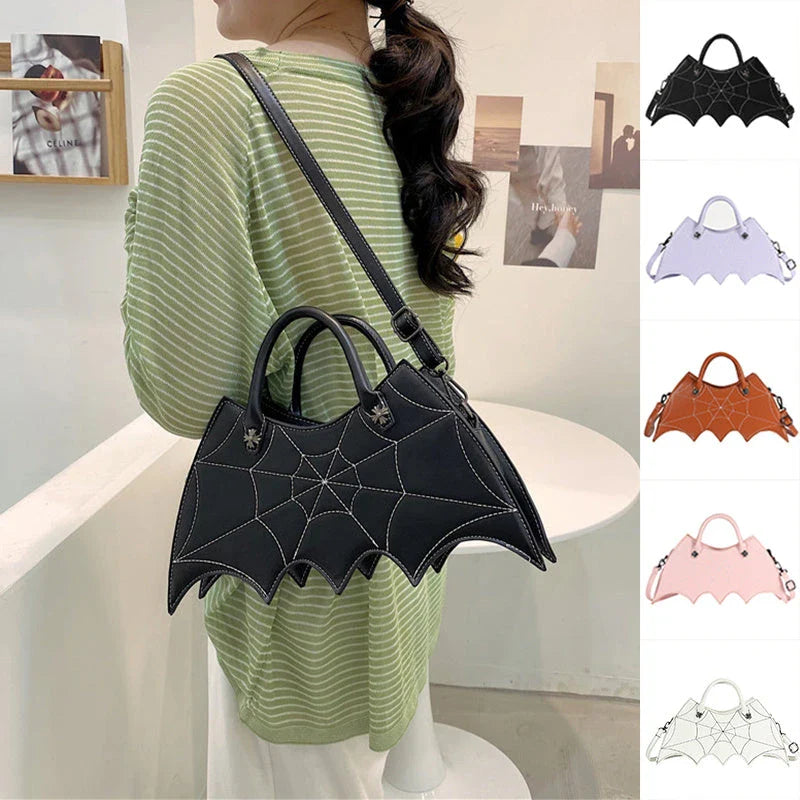 Stylish Halloween spider web crossbody bag in various colors, including black, white, brown, pink, and purple