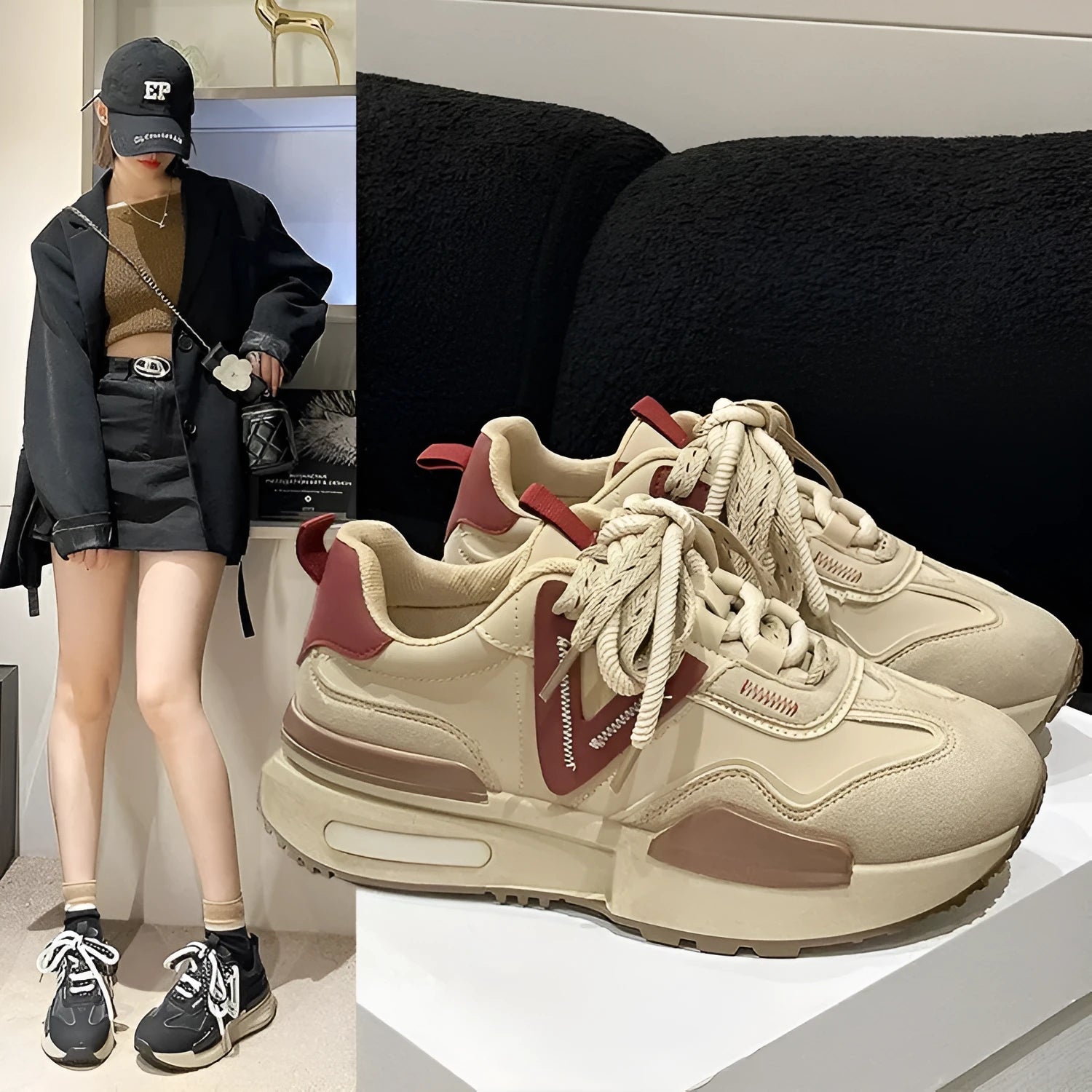 Women's black retro platform sports shoes with round toe and front lace-up fastening.