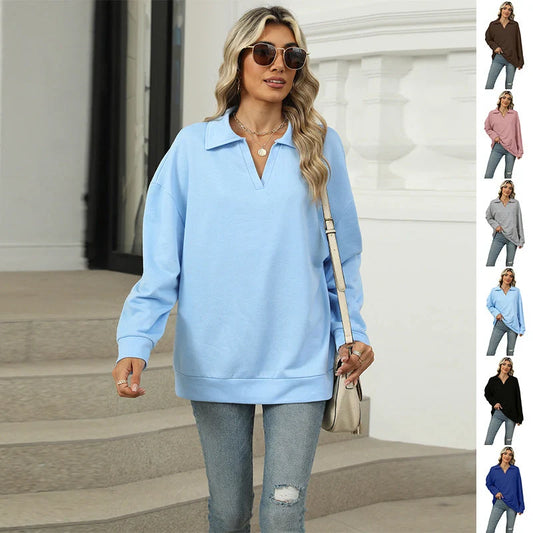 Stylish women's V-neck lapel sweatshirt in various colors