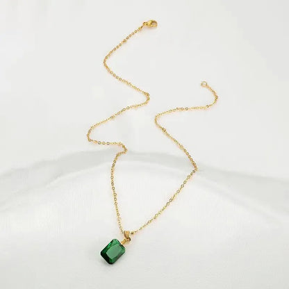 Copper rectangular pendant necklace with geometric quadrilateral design and O-ring chain in green colour