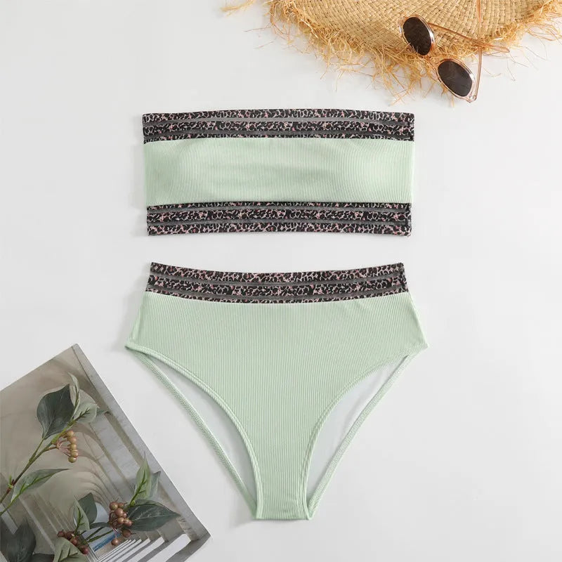 Black leopard print strapless swimsuit set with matching top and shorts