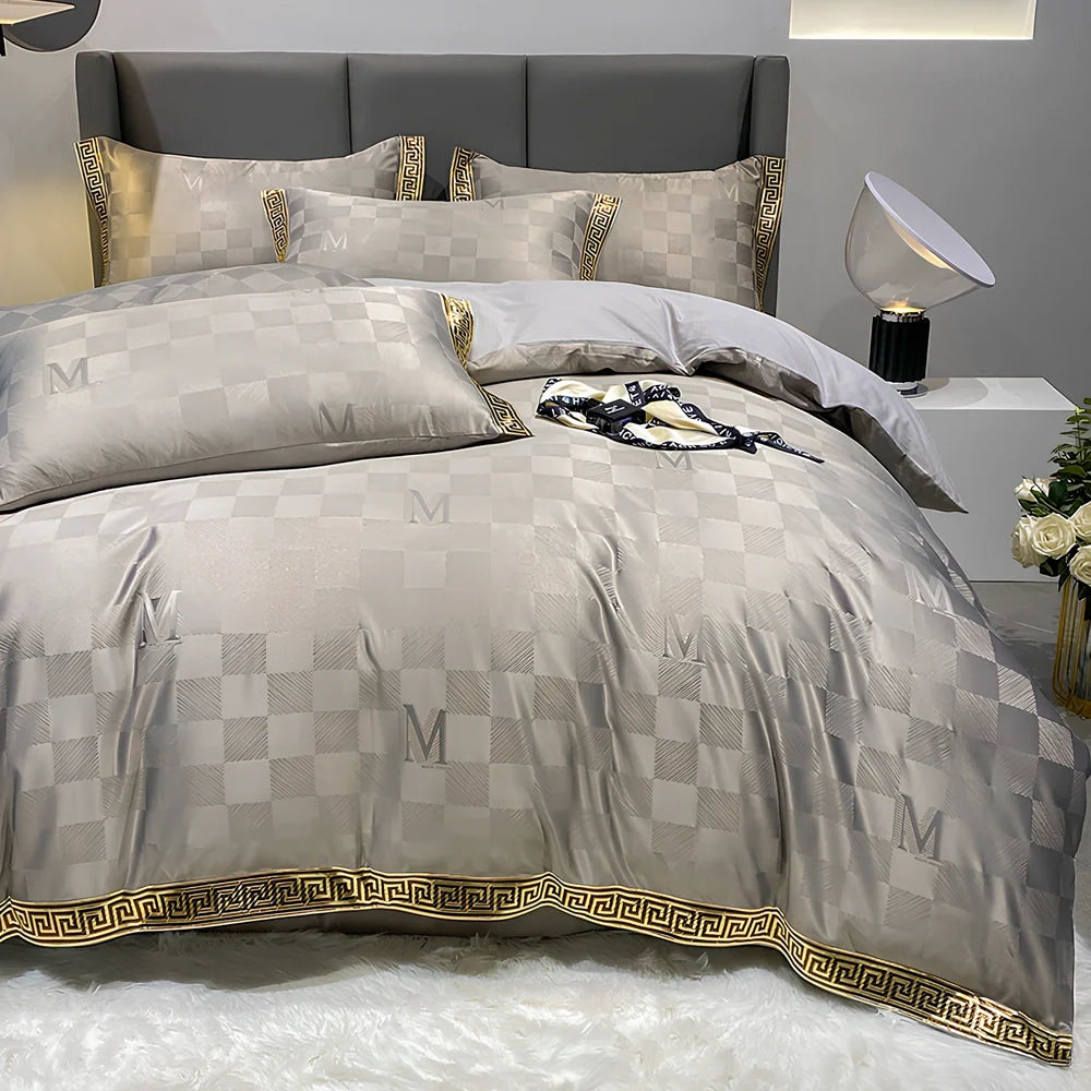 Cotton jacquard bed set with embroidery detailing and deep pocket fitted sheets in Advanced Grey colour