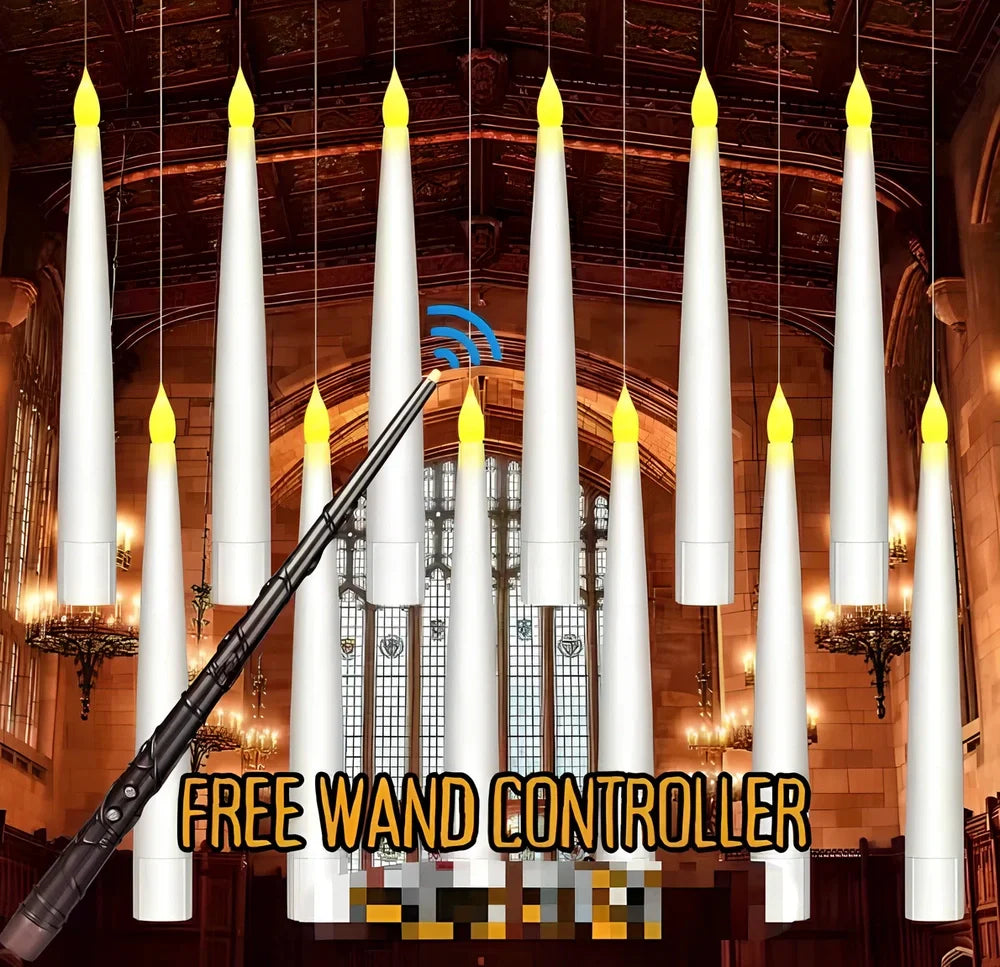 Flameless candles with magic wand remote control showing resin construction and flickering warm light effect