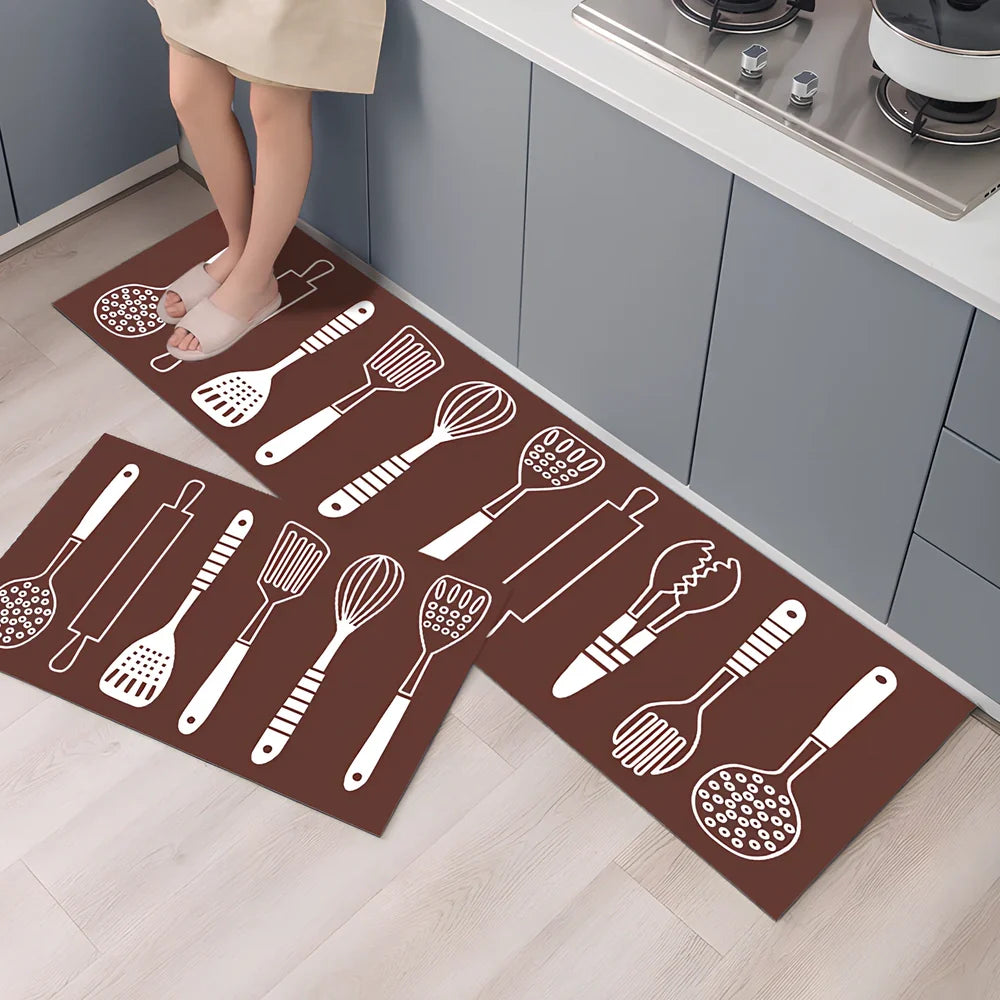 Rectangular polyester kitchen floor mat with machine-woven texture in modern design