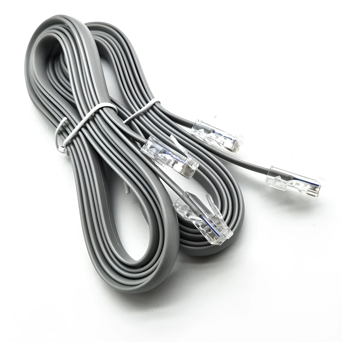 A silver grey CAT6 network cable with RJ-45 connectors, coiled to show its 2-metre length.