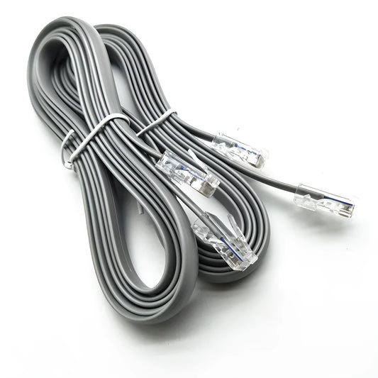 A silver grey CAT6 network cable with RJ-45 connectors, coiled to show its 2-metre length.