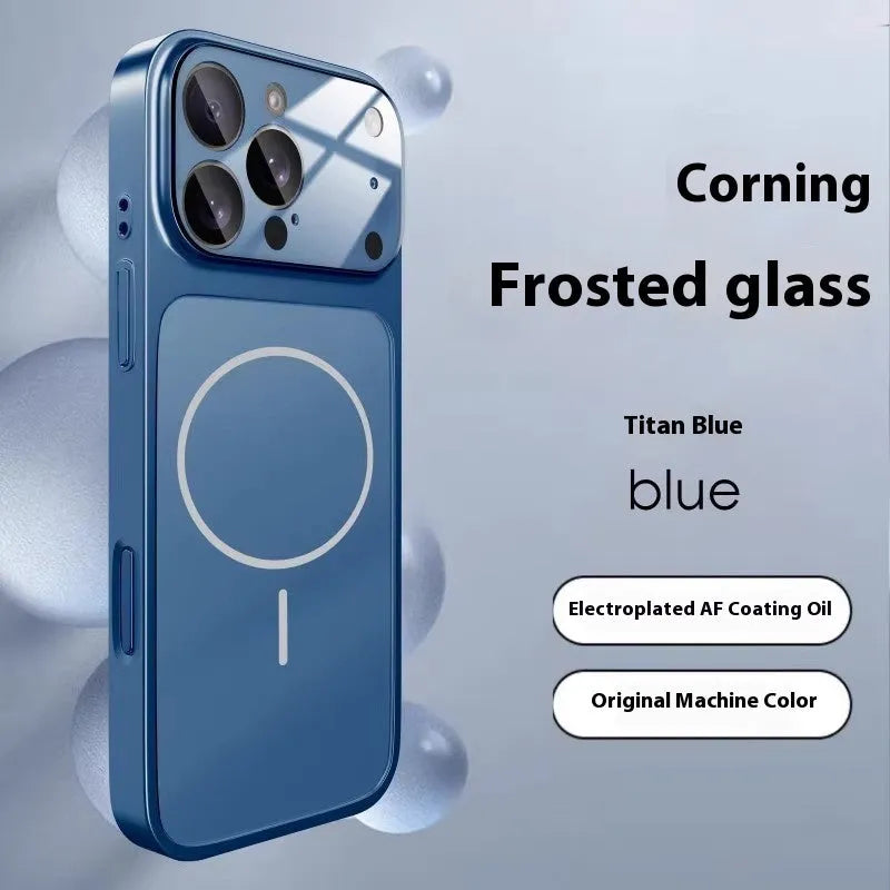Frosted tempered glass iPhone case with magnetic ring on back, shown in titanium colour.