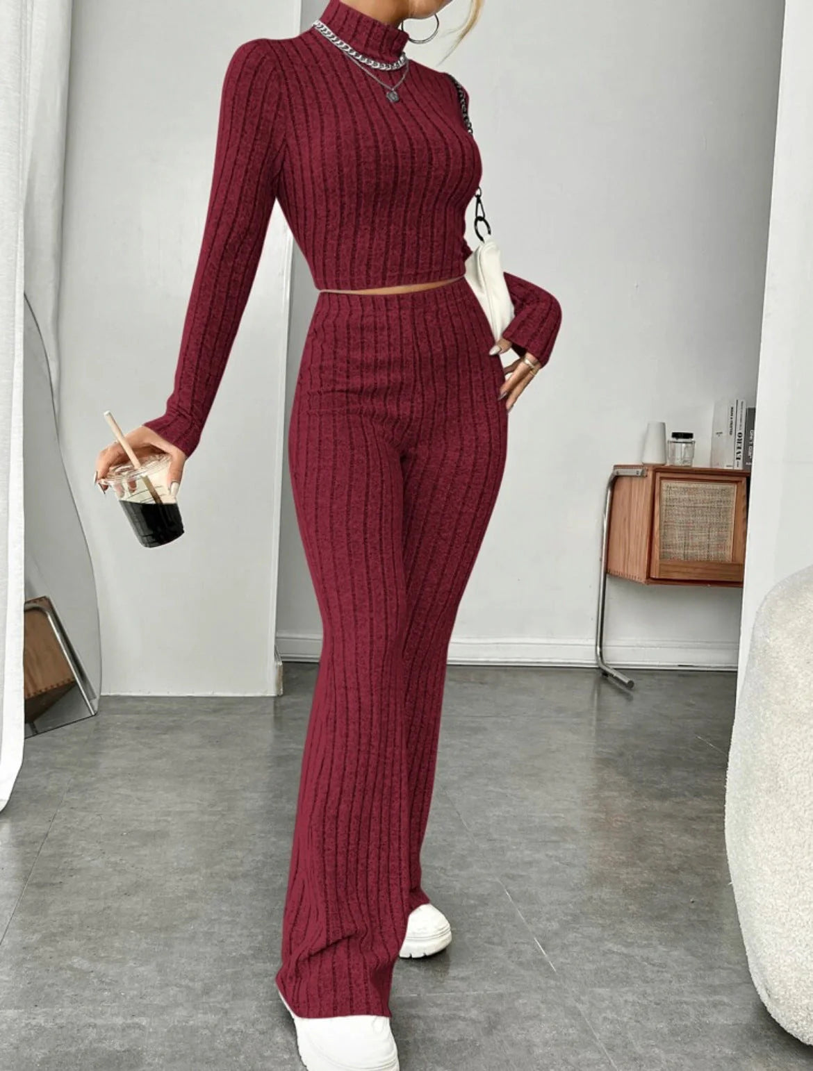 Women's cotton long sleeve turtleneck and wide leg high waist trousers set in various colors