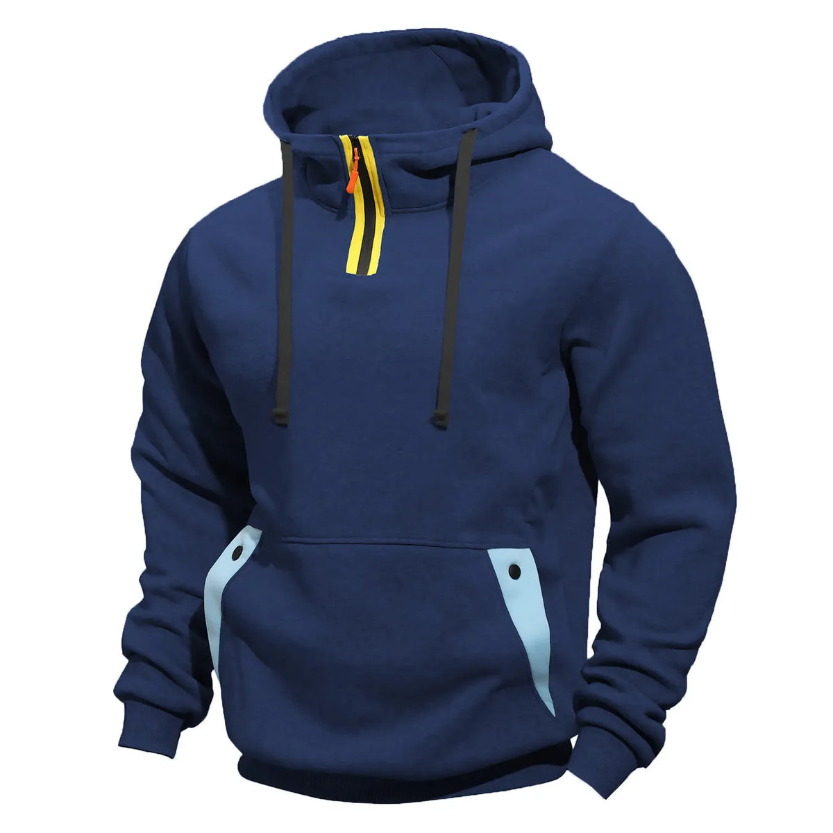 Men's loose zip pullover hoodie in solid colour polyester with size stick pocket, sizes M to XXXL