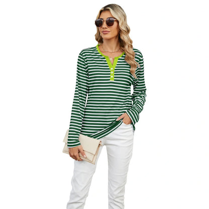 Stylish striped long-sleeve V-neck top for women in various color options