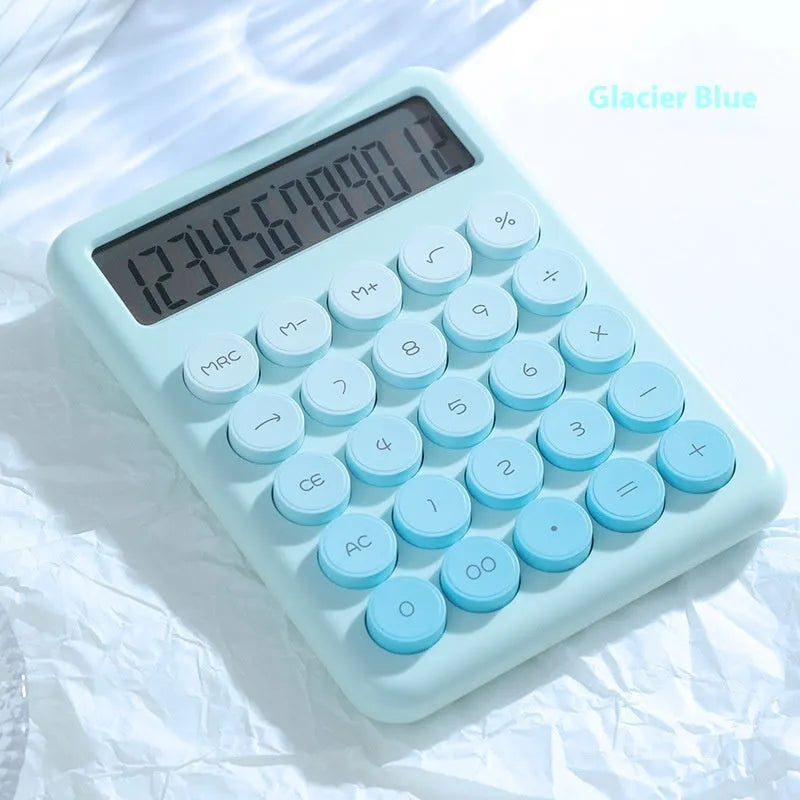 Gradient colour desk calculator with 12-digit display in violet, cherry blossom powder, glacier blue, or mint green options