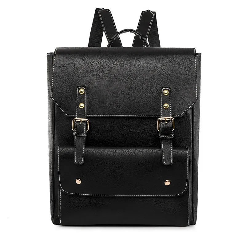 Korean style retro backpack in black colour showing soft PU material and simple design