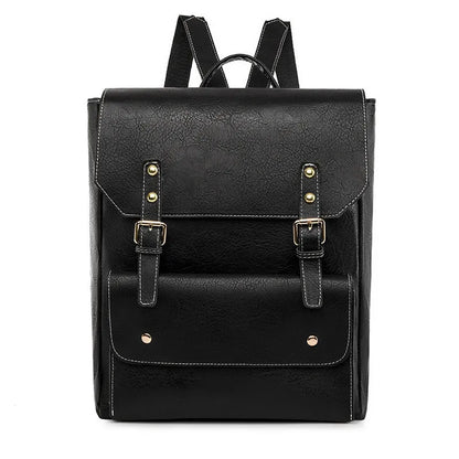 Korean style retro backpack in black colour showing soft PU material and simple design