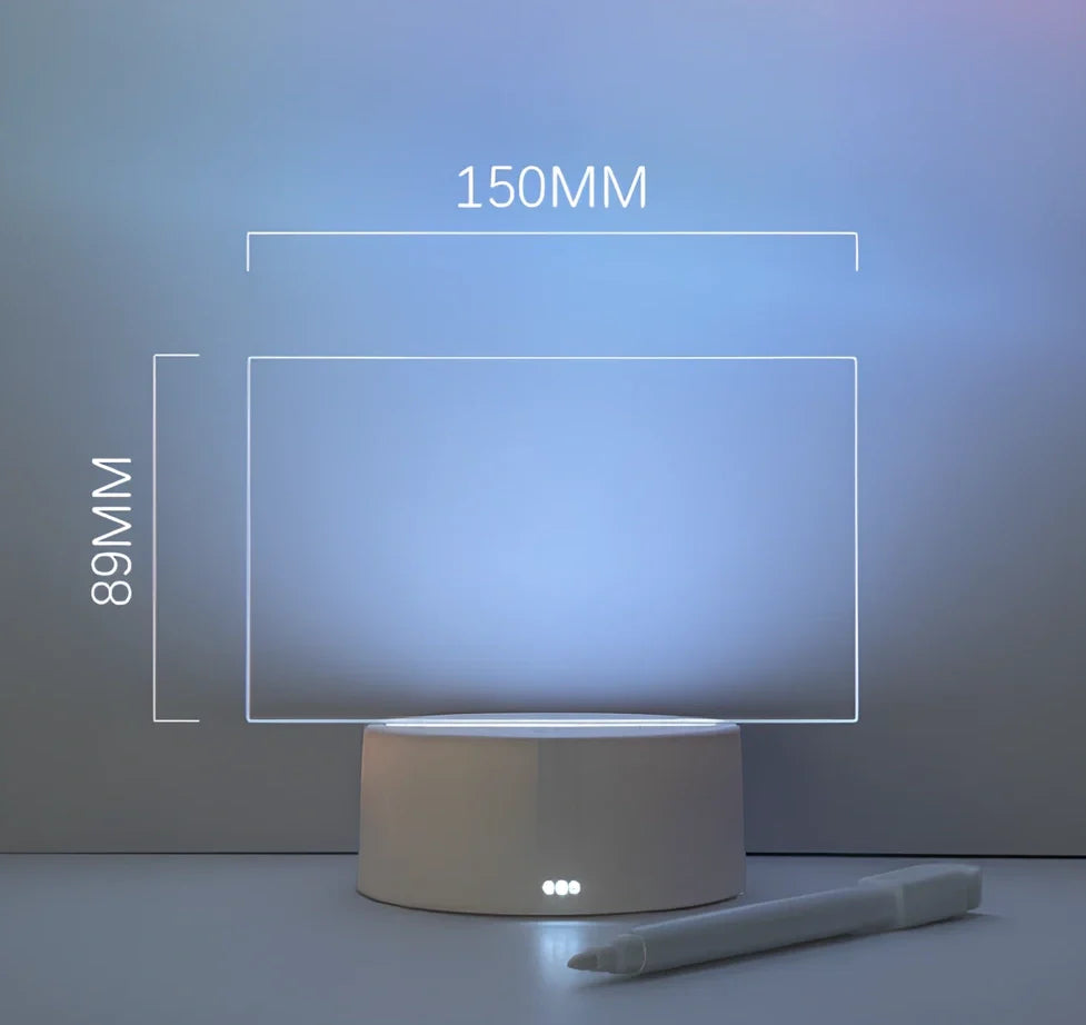 Transparent luminous acrylic desktop tablet with USB warm yellow light, 193mm x 100mm size, includes pen for writing