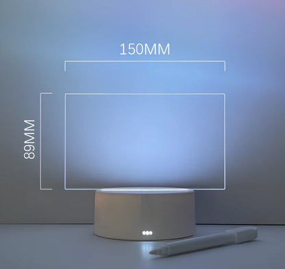 Transparent luminous acrylic desktop tablet with USB warm yellow light, 193mm x 100mm size, includes pen for writing