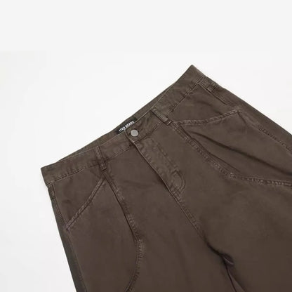 Men's brown loose straight leg cotton trousers with high waist and zipper fly