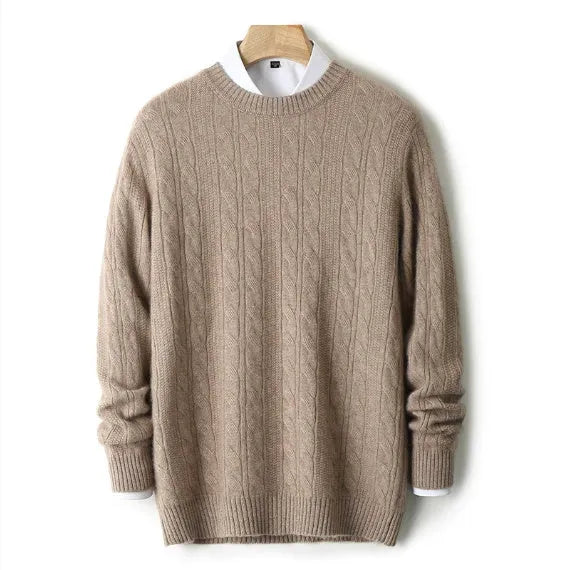 Men's twist round neck wool pullover sweater in white and gray, loose fit, long sleeves, sizes S to 3XL
