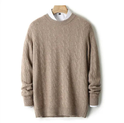 Men's twist round neck wool pullover sweater in white and gray, loose fit, long sleeves, sizes S to 3XL
