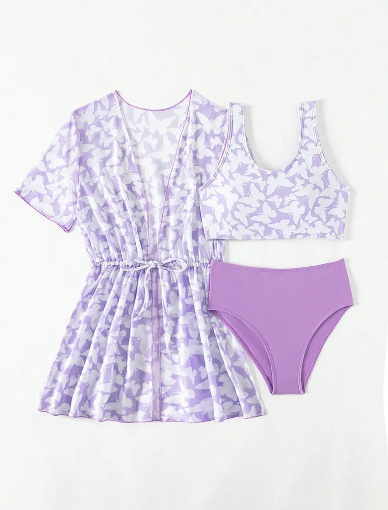 Girls' three-piece split cover print swimsuit set in colour 3218, sizes 8Y to 12Y.
