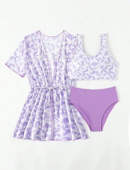 Girls' three-piece split cover print swimsuit set in colour 3218, sizes 8Y to 12Y.