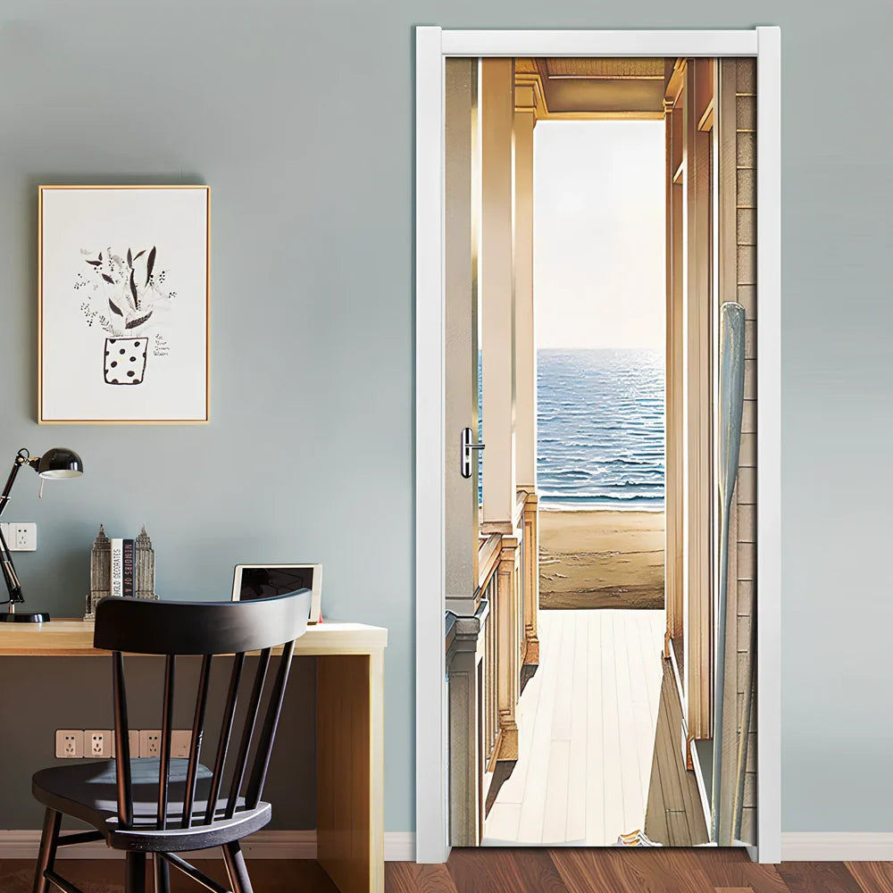 77x200cm 3D landscape PVC self-adhesive door sticker mural on white door, waterproof wall decal for home decor