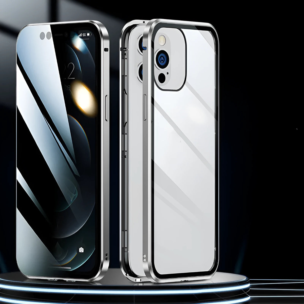 Double sided magnetic glass phone case in silicone for iPhone, available in black, red, silver, gold, dark green, emerald green and blue.
