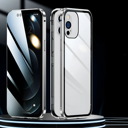 Double sided magnetic glass phone case in silicone for iPhone, available in black, red, silver, gold, dark green, emerald green and blue.