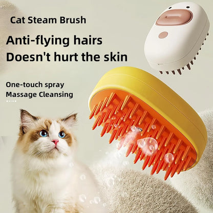 White or yellow pet steam brush with silicone comb teeth, rechargeable spray, and water tank for grooming cats and dogs
