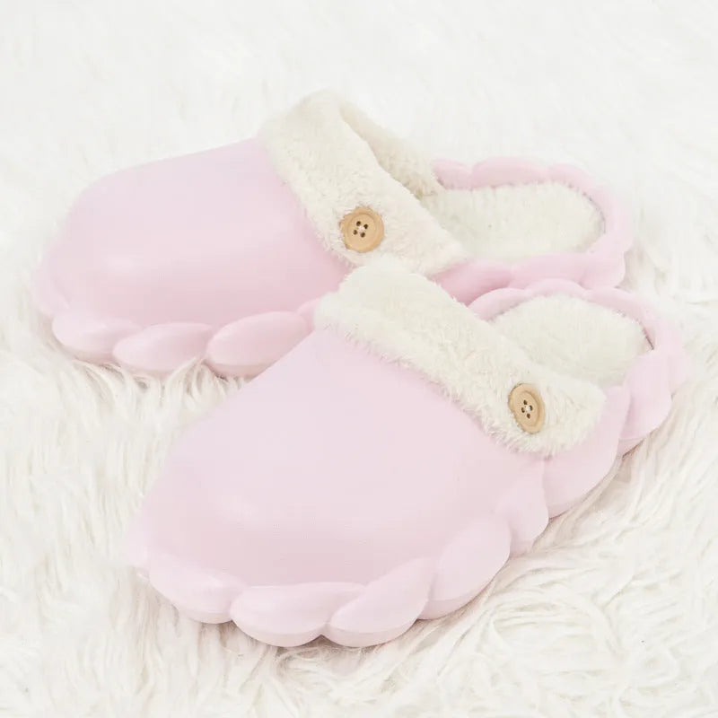 Waterproof EVA winter slippers with plush lining, detachable overshoes in pink, yellow, green, grey, black.