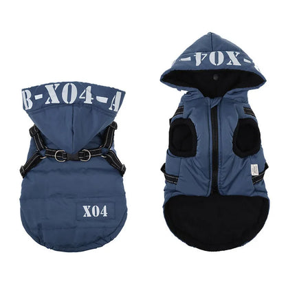 Red fleece-lined waterproof dog winter jacket with hood shown on medium-sized dog