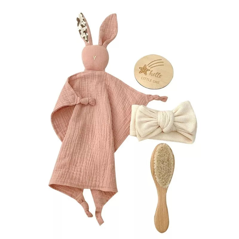 Natural cotton baby bath toy set with wooden rattle and comfort towel