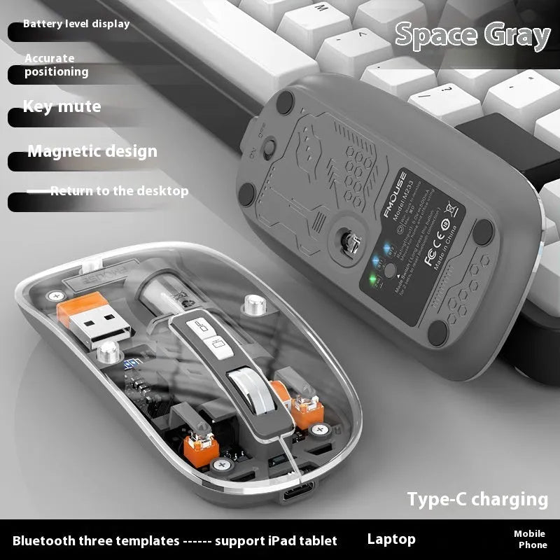 Transparent wireless computer mouse showing internal components with USB connection