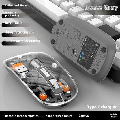 Transparent wireless computer mouse showing internal components with USB connection