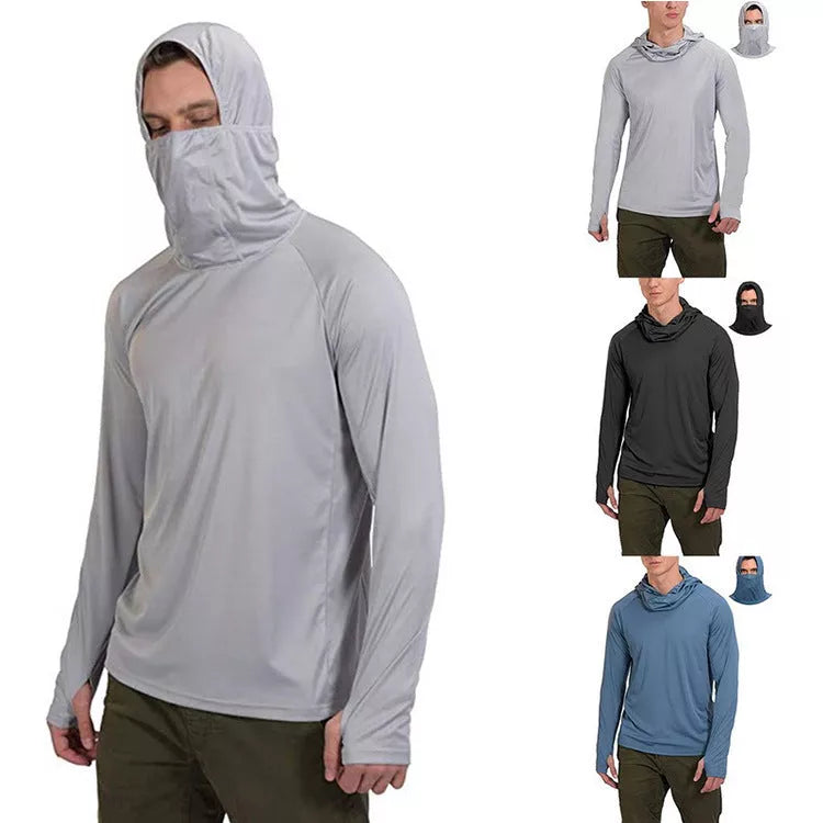Men's summer sun protection shirt in gray, light blue, or black, featuring breathable and quick-dry fabric