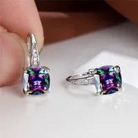 Square zircon inlaid ear hook earrings with geometric design and electroplated finish in golden tone