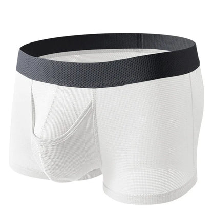 Men's ice silk boxer briefs in black, white, and grey colours showing mesh fabric and low-waist design