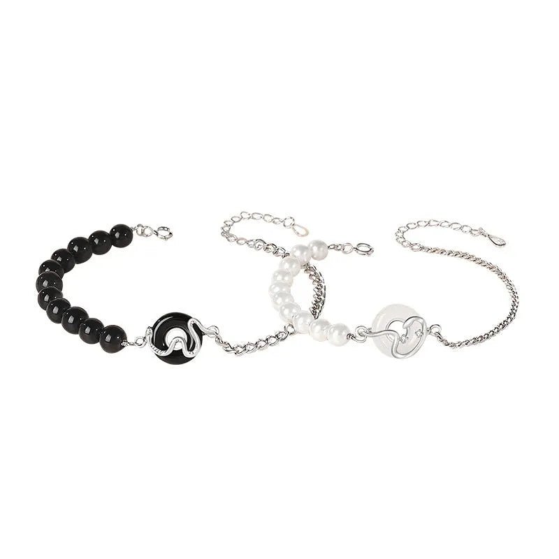 925 sterling silver couple's bracelet with obsidian pearl and snake detail in New Chinese style.