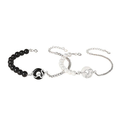 925 sterling silver couple's bracelet with obsidian pearl and snake detail in New Chinese style.